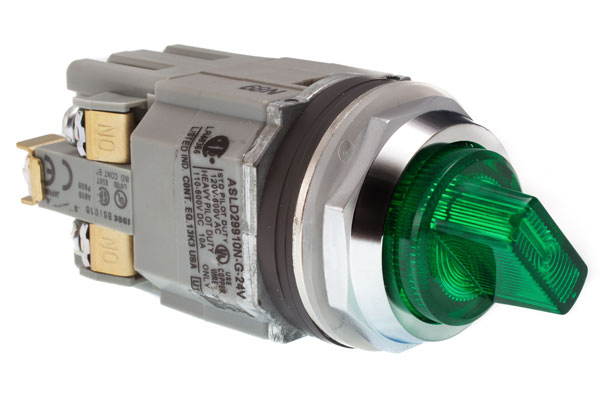IDEC 30mm Illuminated Selector Switch; Round; 3-Position; 2NO / 2NC; 10A (Thermal); Maintained; Green; LED; 120VAC